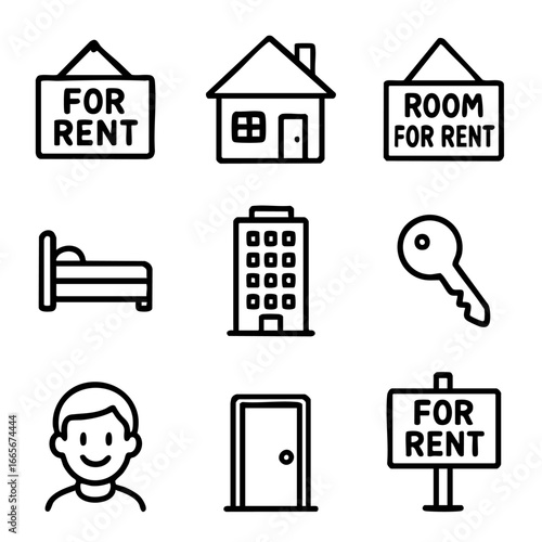 A set of doodle line icons depicting property rental, homes, apartments, room for rent, tenants, access, and real estate signage