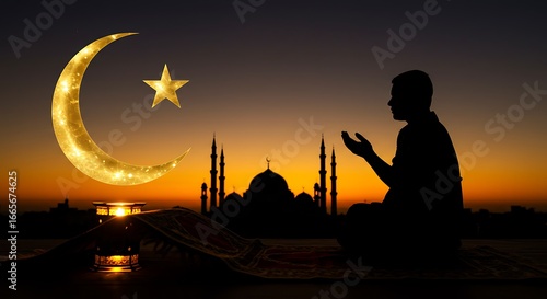 Serene silhouette of a devout Muslim praying at dusk, with a glowing crescent moon and mosque marking the holy month of Ramadan