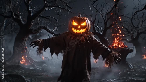 A spooky scarecrow with a carved pumpkin head stands in a dark, haunted forest at night, surrounded by glowing campfire flames.