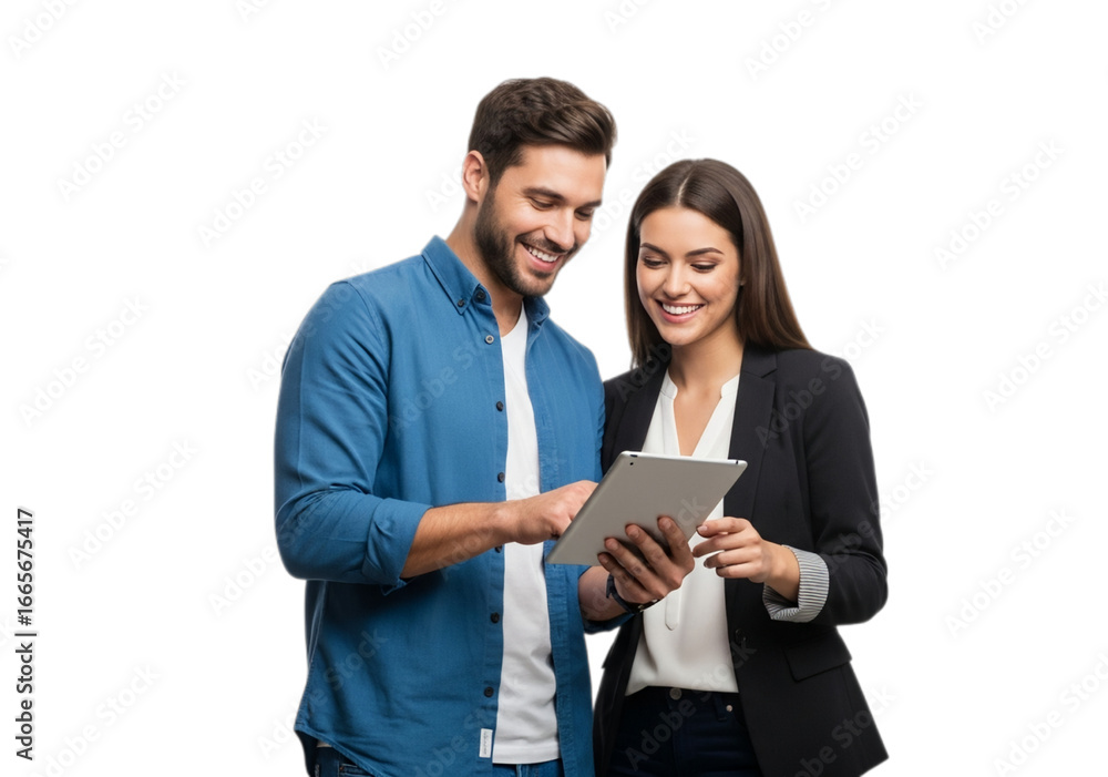 Photo of smiling business people using tablet isolated on transparent background Photo of smiling business people using tablet isolated on transparent background