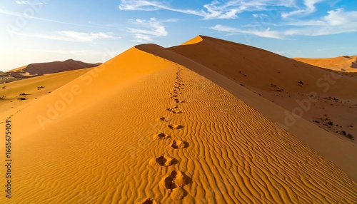 Footprints Leading Over Golden Sand Dunes Under a Blue Sky