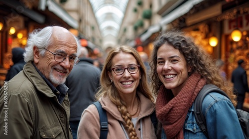 Tourists enjoying a day of shopping and sightseeing in a Parisian gallery, capturing a cheerful family moment amidst the bustling atmosphere