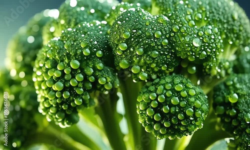 Close-Up Video of Fresh Broccoli Florets with Water Droplets, Macro Shot