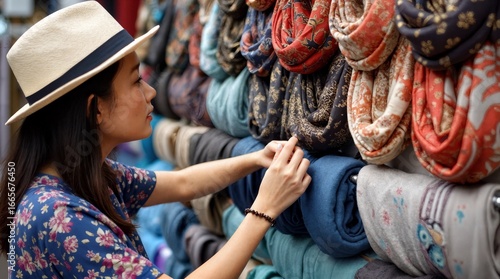 Young woman wearing a stylish hat browsing through a vibrant outdoor market stall, selecting a beautiful scarf among an array of colorful, patterned textiles and handmade fabrics