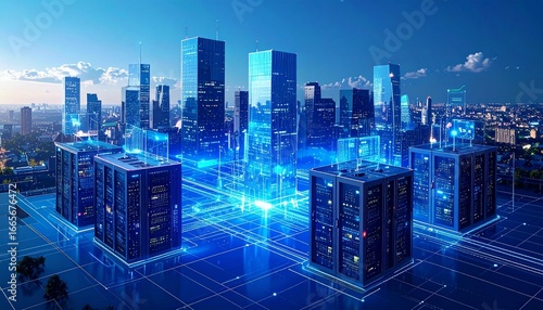 A cityscape is shown in blue with a lot of lights, Generated with AI.