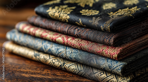 Thai pattern woven fabric, folded, stacked neatly.