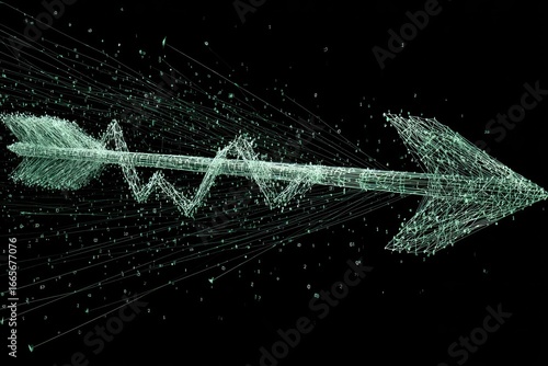 Abstract arrow composed of glowing particles, moving swiftly