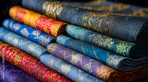 Stacked Thai silk fabrics with unique traditional Thai patterns