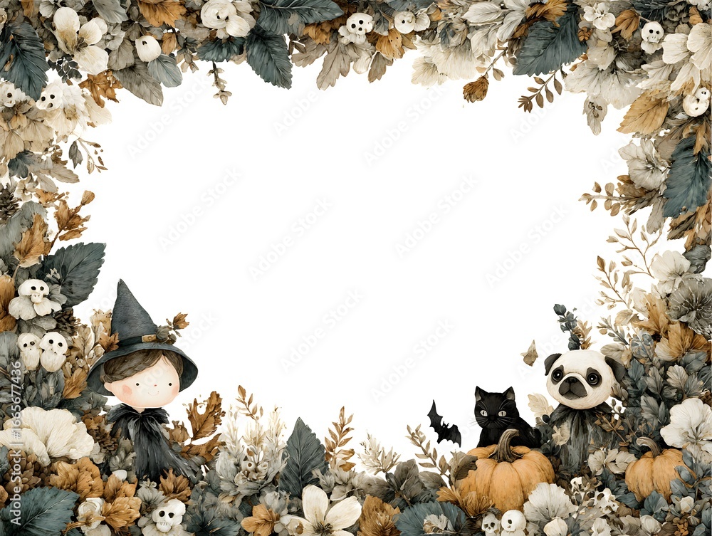 Obraz premium Halloween frame with watercolor illustrations of a witch, cat, dog, pumpkin, and floral decorations.