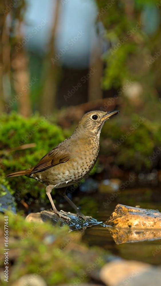 Fototapeta premium A small brown bird perches near a puddle in a mossy forest setting