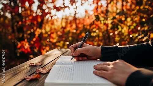 Person writes in open journal on wooden table; fall foliage background, warm lighting