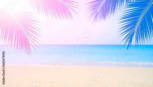 Fototapeta Naklejka Na Ścianę i Meble -  Tropical Paradise Vibrant Palm Fronds Overlooking a Serene Ocean Beach