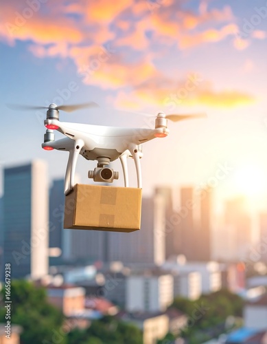 Drone delivery of package over city