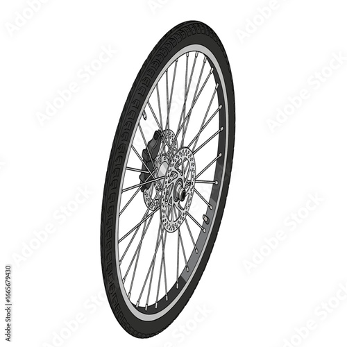 Close-up view of a bicycle wheel with tire, spokes, and brake components.