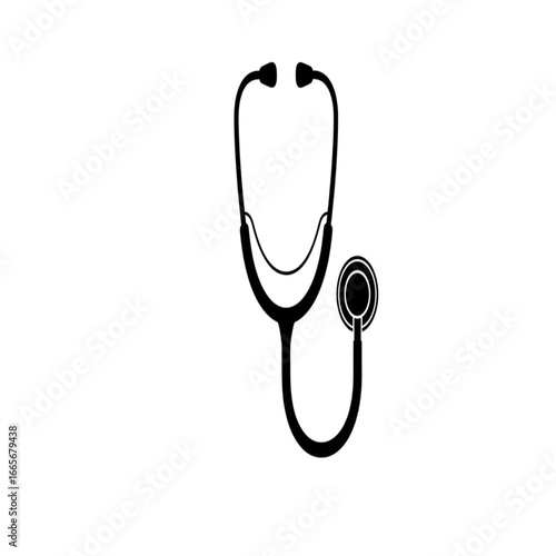 Black and white illustration of a medical stethoscope, a diagnostic instrument used by doctors and healthcare professionals.