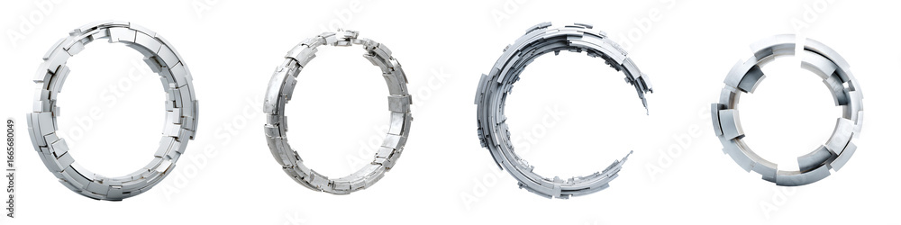 Naklejka premium Four abstract silver geometric rings, structural elements, 3D render isolated on white, future concept, clean design, tech structure, modern art.