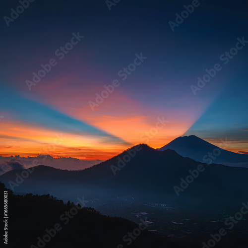 Dramatic Mountain Landscape with Orange Sunset Sky