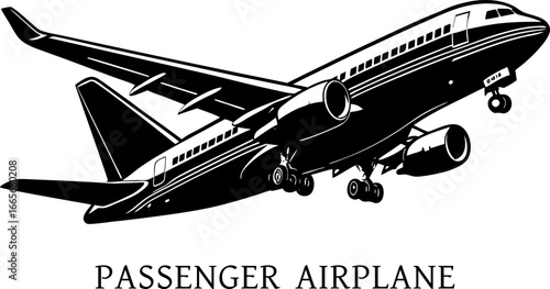 A commercial passenger airplane in flight, isolated on white background. Airplane passenger travel silhouette icon. Aeroplan vector icon aircraft isolated symbol shape.