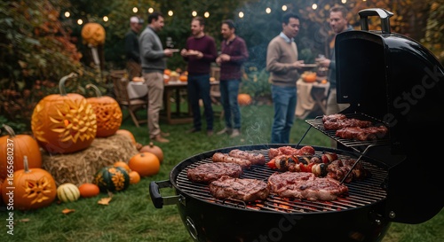Fototapeta Naklejka Na Ścianę i Meble -  Outdoor barbecue with pumpkins and men enjoying a fall gathering with delicious grilled food and festive decor