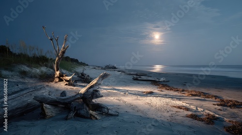 Fototapeta Naklejka Na Ścianę i Meble -  Night beach landscape with driftwood and moonlight reflecting on the water