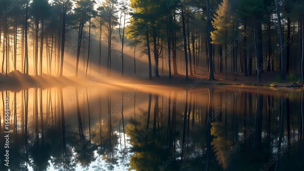 Obraz premium Peaceful forest landscape reflected in still water, capturing golden sunlight through trees.