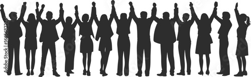 Silhouette of united business people, raised hands, teamwork celebration, success concept, collaboration, leadership, motivation, diversity, group support, professional unity