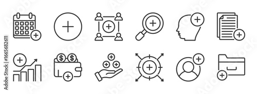 Plus line editable icon set collection. Containing add, more, new, copy, augmentation, positive, create, zoom and more. editable stroke. vector illustration EPS 10