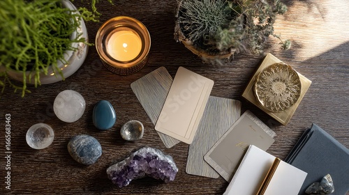 Mystical reading setup with crystals tarot cards and candle