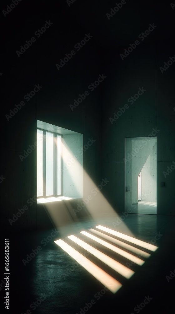 Fototapeta premium Sunbeams illuminate a dark room, highlighting a window and doorway