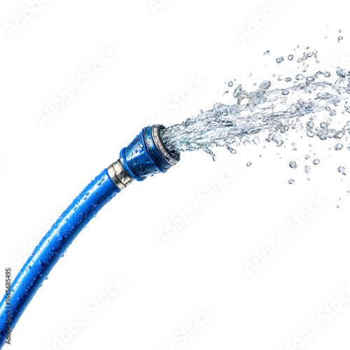 A blue garden hose spraying water against a black background in a close up studio shot with water droplets on transparent background