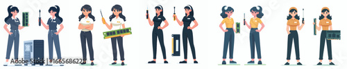 Female Computer Technician Flat Design Vector Illustration – Woman IT Support and PC Repair Specialist with Tools and Hardware Components