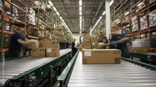 Efficient warehouse operations with automated conveyor belt and workers, fast-paced logistics and supply chain in action, modern distribution center