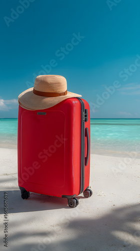 A lone red suitcase sits on a sun-drenched beach, ready for a summer trip by the sea