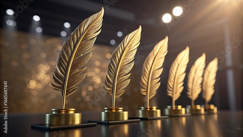 Golden feather trophies lined up on stage with spotlight