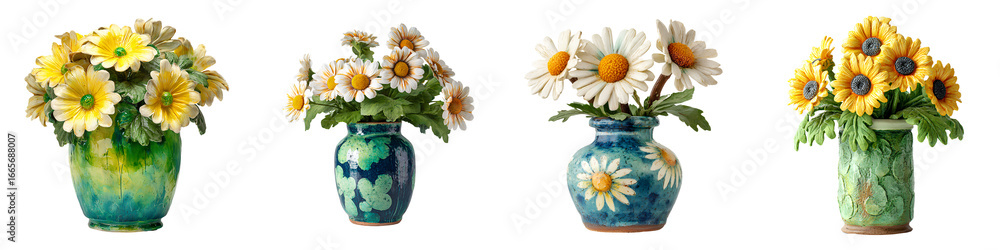 Fototapeta premium Set of four clay-crafted daisy flower bouquets in unique vases isolated on a transparent background