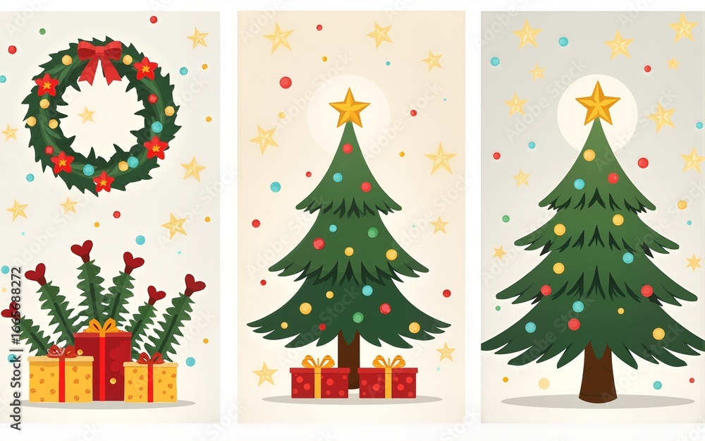 Set Christmas cards with Christmas tree, wreath, christmas elements. Vector illustrations. High quality Set Christmas cards with Christmas tree, wreath, christmas elements. Vector illustrations. High quality