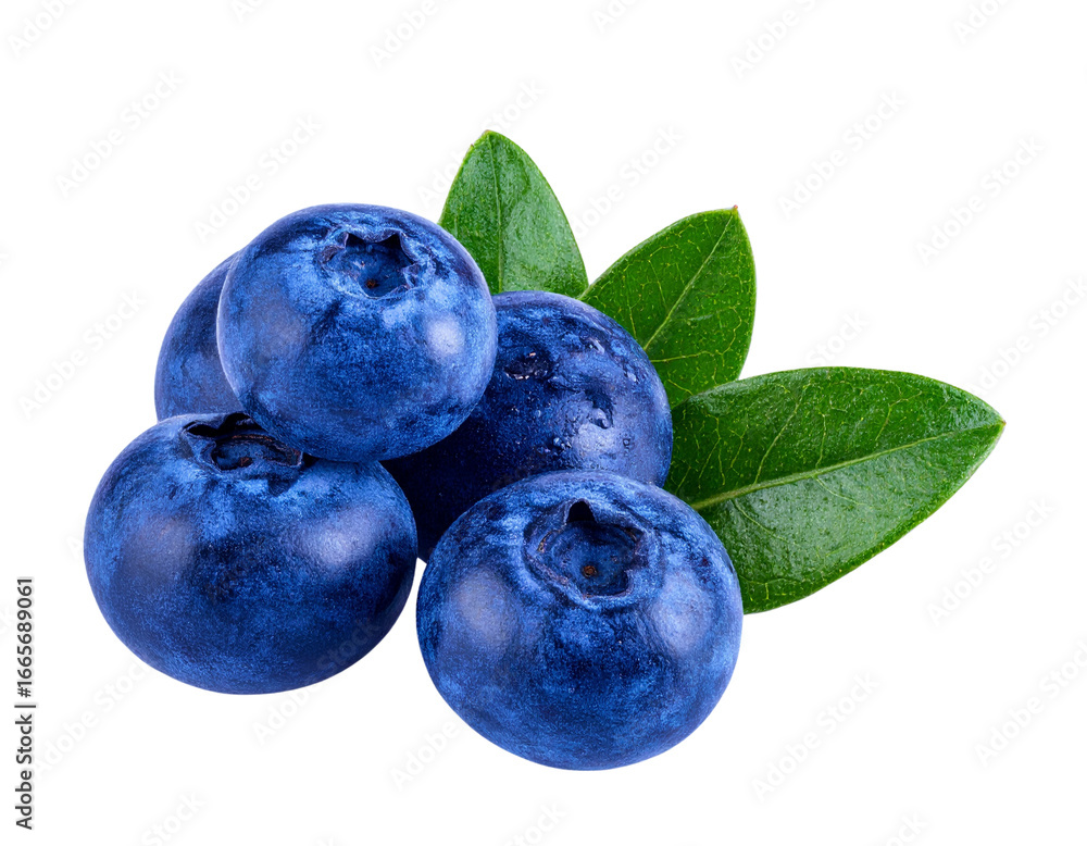Fototapeta premium Cluster of Blueberries with Green Leaves, Isolated PNG