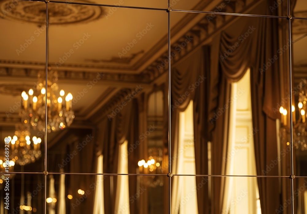 Obraz premium Opulent Reflections: A mirrored perspective of luxurious architectural interior with chandeliers and elegant drapery