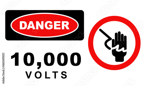 High voltage warning icon: '10,000 Volts' text with hand and electric spark graphic