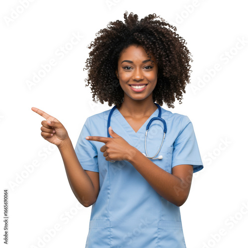 Smiling nurse pointing to the left side isolated on transparent background