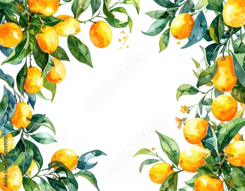 Watercolor illustration of kumquats with leaves creates a naturalistic border