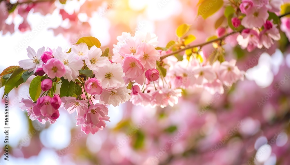 Fototapeta premium Delicate pink and white blossoms adorn a spring branch, bathed in sunlight, creating a beautiful springtime scene.
