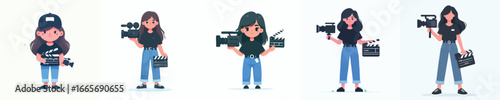 Female Camerawoman and Film Director with Clapperboard – Vector Character Illustration