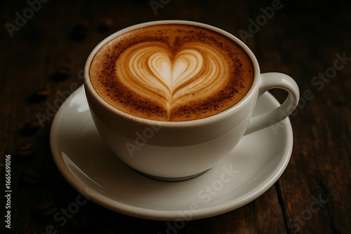 Close up of white coffee cup with latte art heart on dark wood table saucer