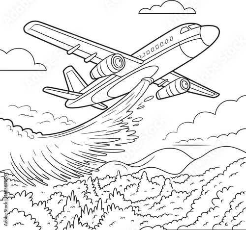 Airplane takes flight over water and mountains