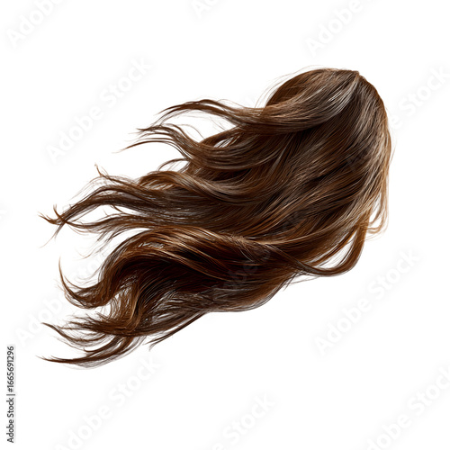A studio shot of long brown hair flowing against a black background with dynamic movement and shine on transparent background