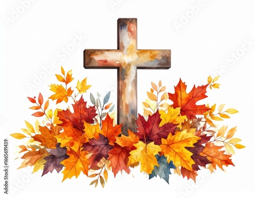Watercolor cross surrounded by autumn leaves, perfect for religious fall themes