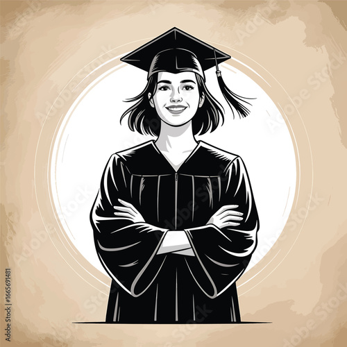 Proud graduate in cap and gown with arms crossed