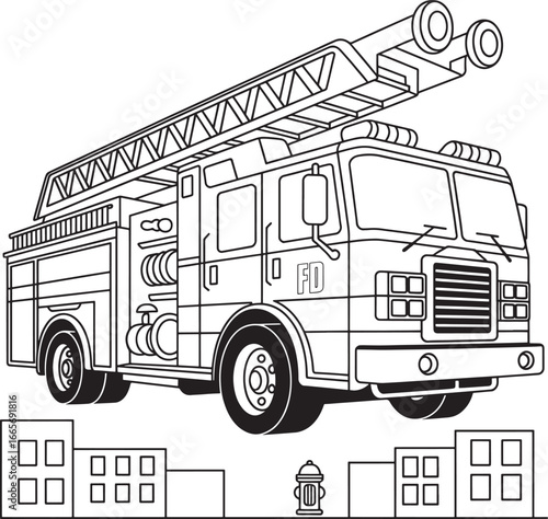 Black and white line drawing of a fire truck with buildings and hydrant