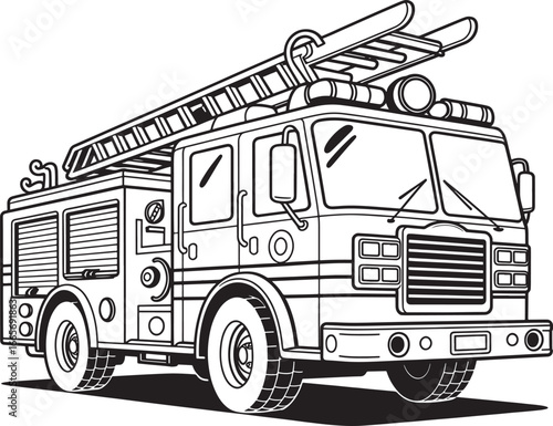 Detailed line drawing of a classic fire truck with ladder